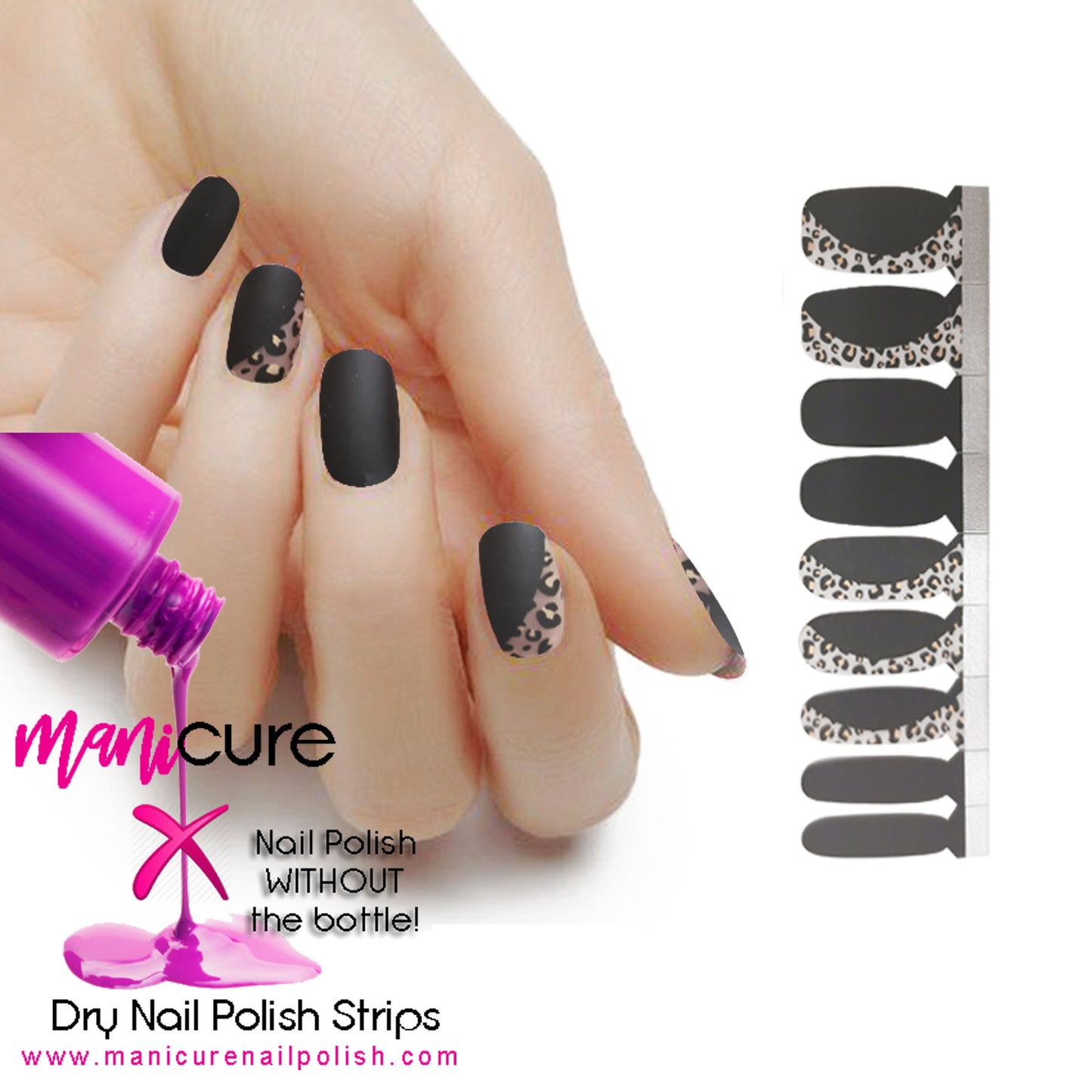 Matte Finish Black Leopard, ManiCURE  Real Nail Polish Strips, Dry Nail Polish, Nail Wraps, Stickers, Long Lasting, Non Toxic - manicurenailpolish