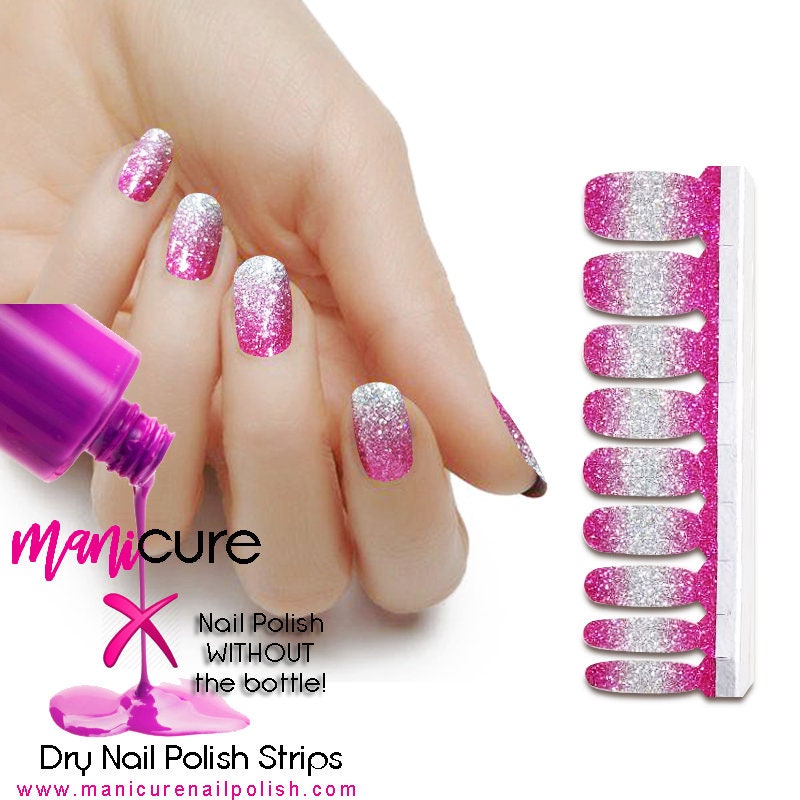 Pink Silver Ombre Glitter, ManiCURE  Real Nail Polish Strips, Dry Nail Polish, Nail Wraps, Stickers, Long Lasting, Non Toxic - manicurenailpolish