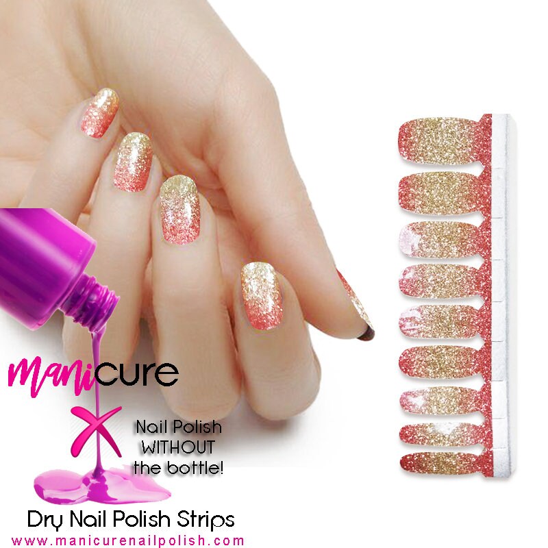 Rose Gold Ombre Glitter, ManiCURE  Real Nail Polish Strips, Dry Nail Polish, Nail Wraps, Stickers, Long Lasting, Non Toxic - manicurenailpolish