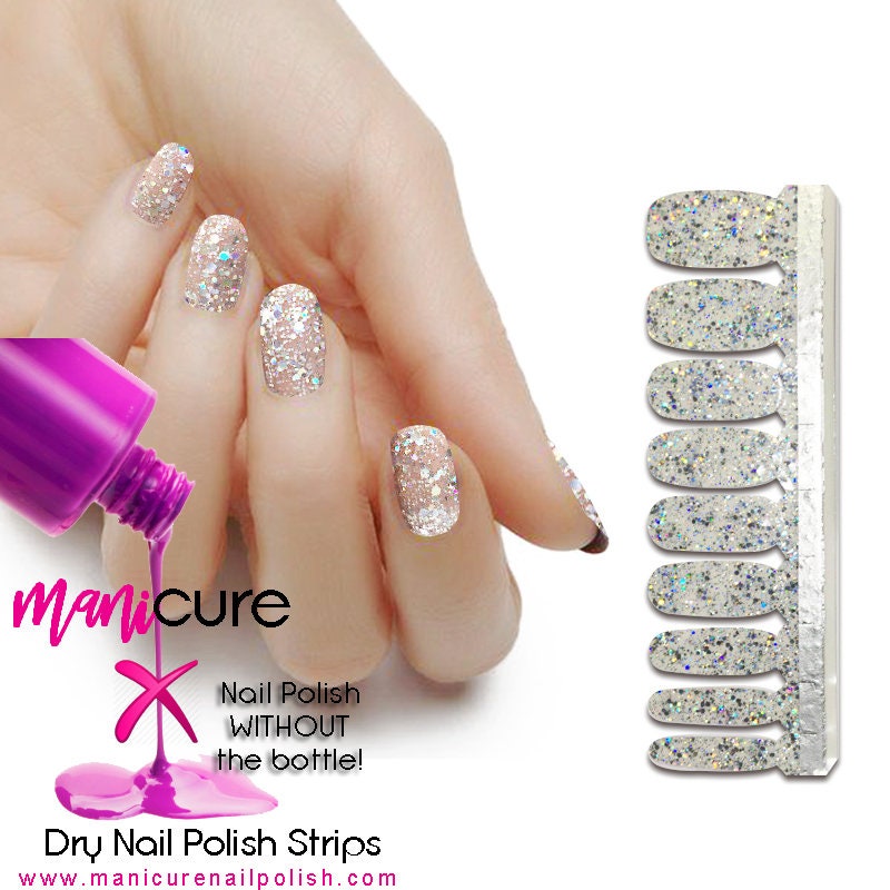 Silver Snow Sparkle Glitter, ManiCURE  Real Nail Polish Strips, Dry Nail Polish, Nail Wraps, Stickers, Long Lasting, Non Toxic - manicurenailpolish