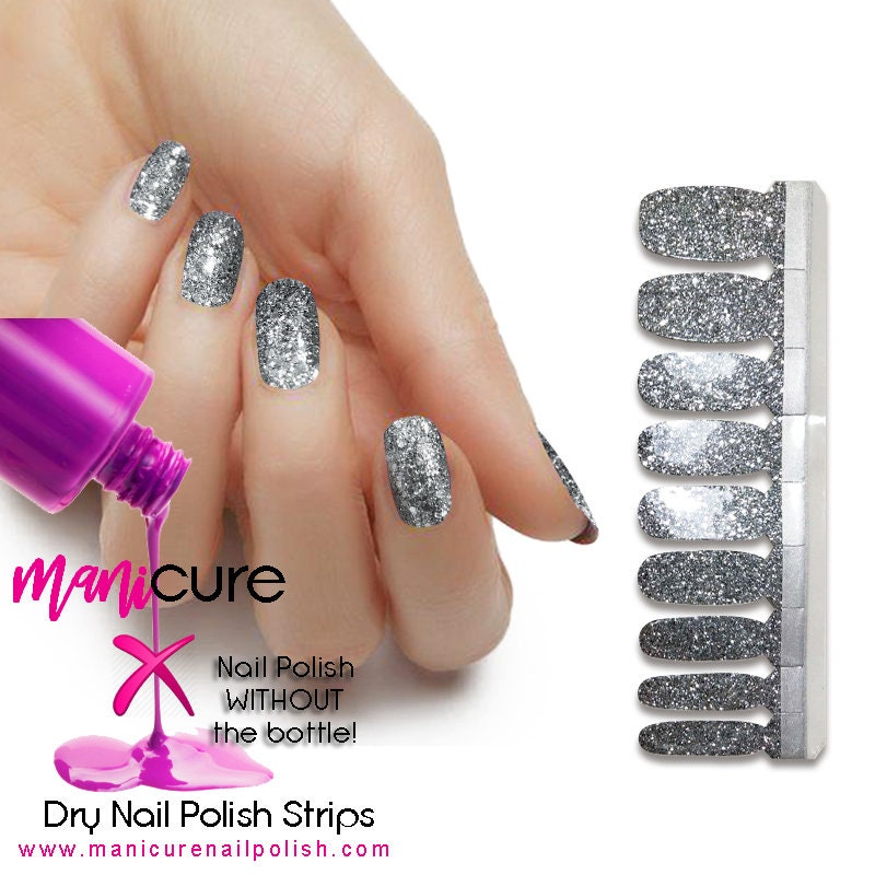 Deep Silver Sparkle Glitter, ManiCURE  Real Nail Polish Strips, Dry Nail Polish, Nail Wraps, Stickers, Long Lasting, Non Toxic - manicurenailpolish