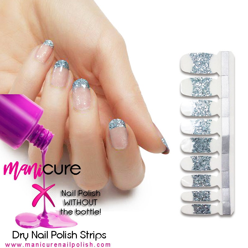French Blue Ice Silver Glitter Design, ManiCURE  Real Nail Polish Strips, Dry Nail Polish, Nail Wraps, Stickers, Long Lasting, Non Toxic - manicurenailpolish