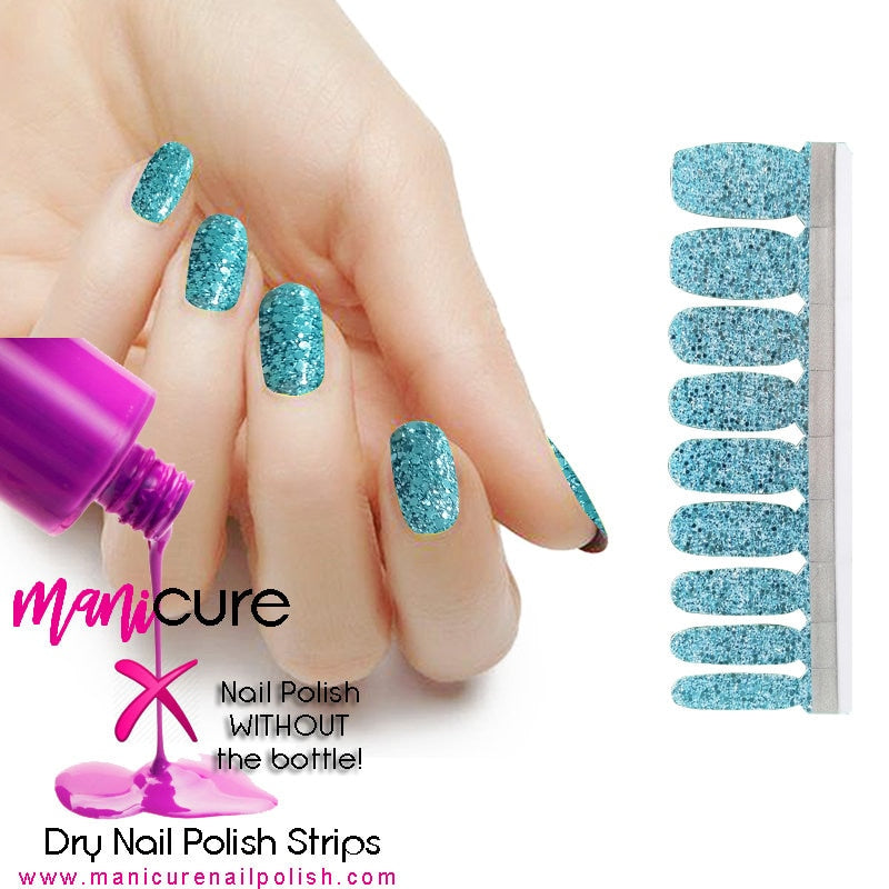 Sea Beach Blue Glitter Design, ManiCURE  Real Nail Polish Strips, Dry Nail Polish, Nail Wraps, Stickers, Long Lasting, Non Toxic - manicurenailpolish