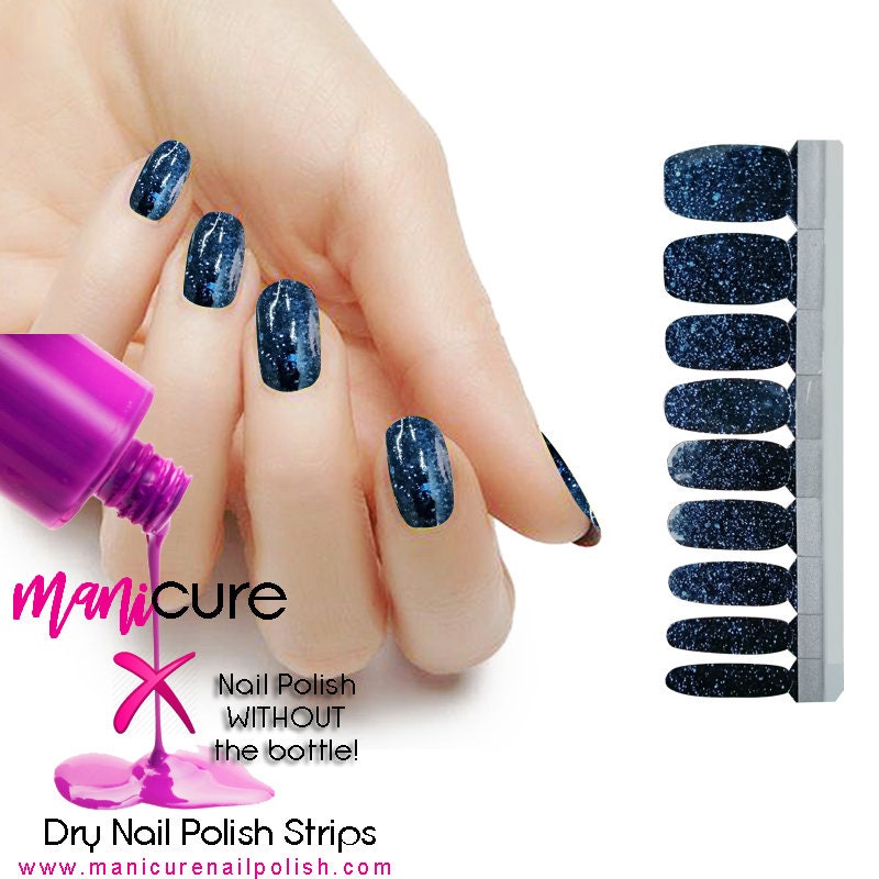 Deep Space Blue Glitter Design, ManiCURE  Real Nail Polish Strips, Dry Nail Polish, Nail Wraps, Stickers, Long Lasting, Non Toxic - manicurenailpolish