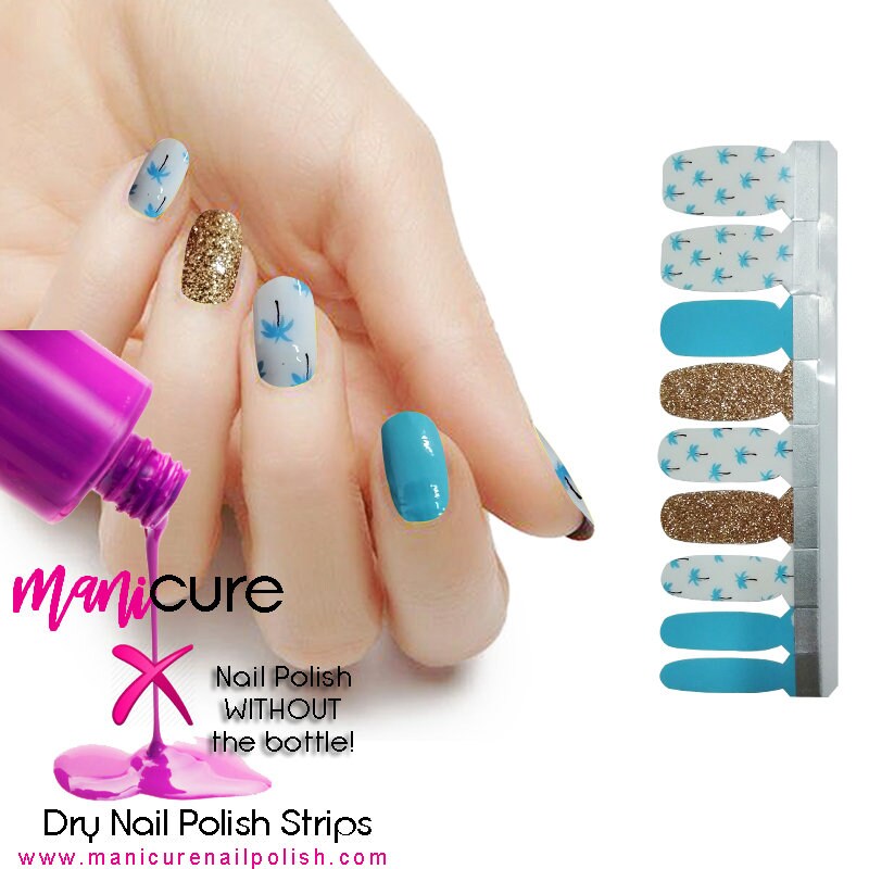 Palm Tree, Beach Blue Glitter Design, ManiCURE  Real Nail Polish Strips, Dry Nail Polish, Nail Wraps, Stickers, Long Lasting, Non Toxic - manicurenailpolish