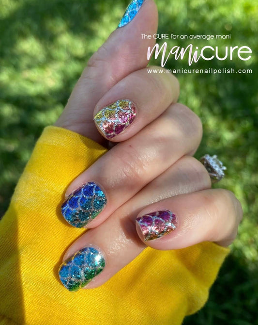 Mermaid Rainbow Glitter, ManiCURE  Real Nail Polish Strips, Dry Nail Polish, Nail Wraps, Stickers, Long Lasting, Non Toxic - manicurenailpolish