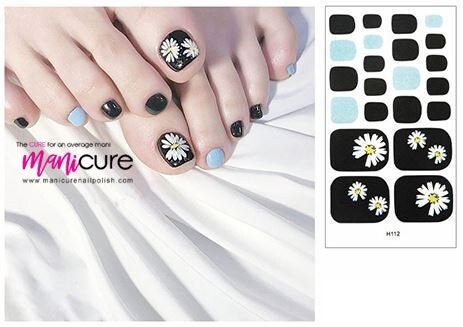 Daisy Blue and Black Finish, PediCURE  Real Nail Polish Strips, Dry Nail Polish, Nail Wraps, Stickers, Long Lasting, Non Toxic - manicurenailpolish