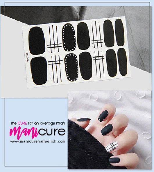 Black Stripes Design, ManiCURE  Real Nail Polish Strips, Dry Nail Polish, Nail Wraps, Stickers, Long Lasting, Non Toxic- S Formula